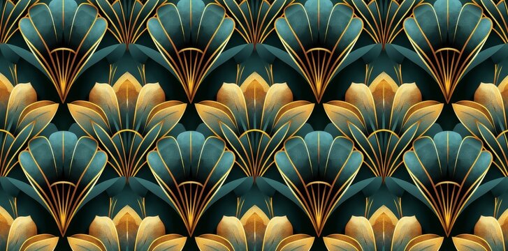 Fototapeta The seamless art deco turquoise green and gold pattern is a mosaic for wallpaper in contemporary vintage style with striking background colors.