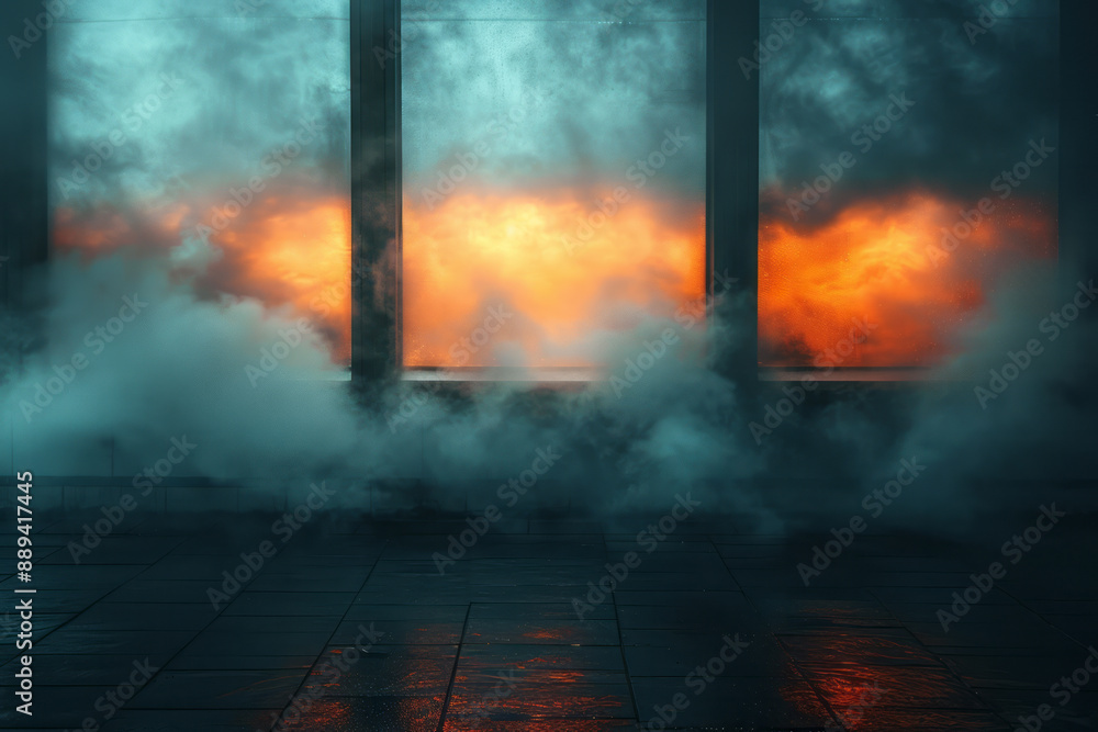 Poster a surreal image of a misty window with abstract reflections, set against a solid black background,