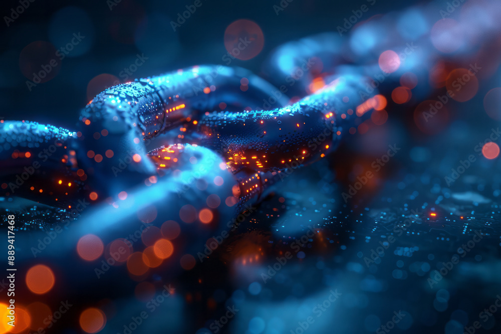 Poster abstract futuristic blockchain concept with glowing blue bokeh and interlocking chain links, set aga
