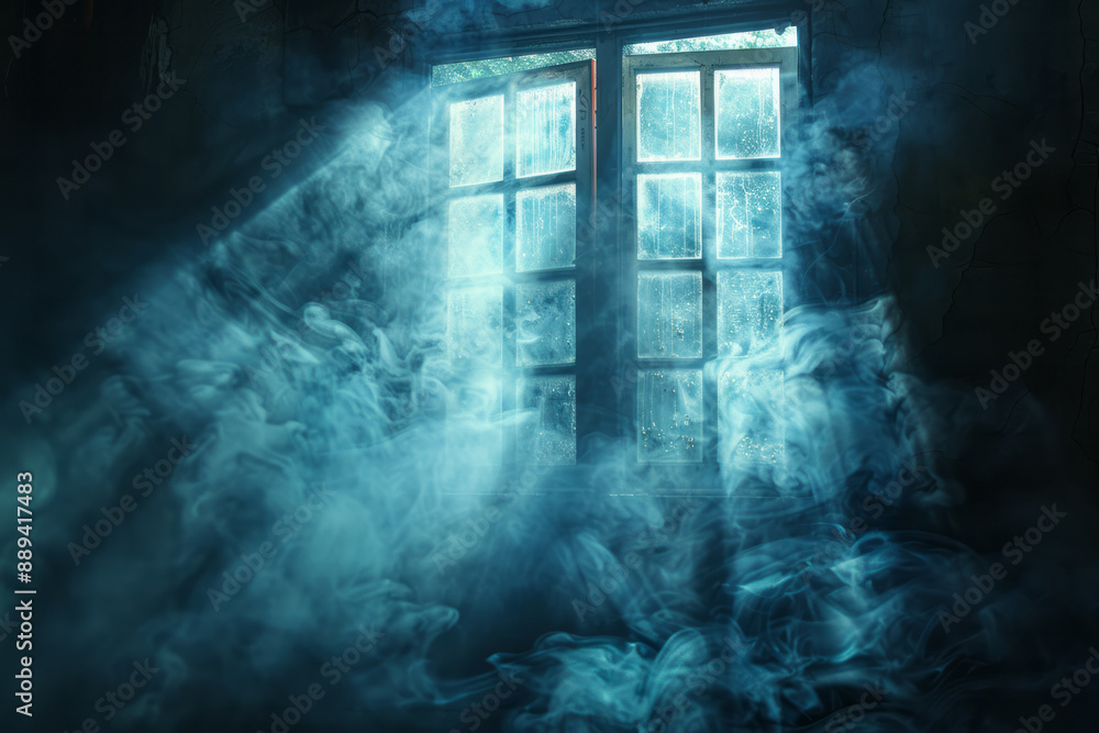 Poster a surreal image of a misty window with abstract reflections, set against a solid black background,