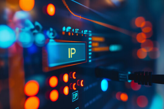 Macro shot of network equipment with IP address and colorful LED lights