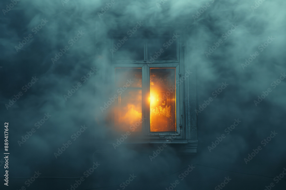 Poster a surreal image of a misty window with glowing reflections, creating an otherworldly effect on a lig