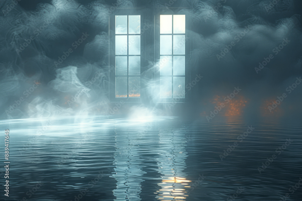 Poster a surreal image of a misty window with glowing reflections, creating an otherworldly effect on a lig