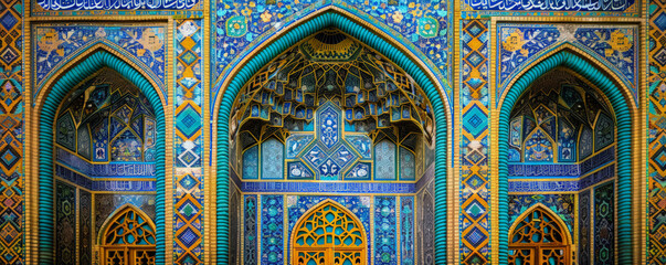Obraz premium A traditional Persian mosaic wall adorned with intricate geometric and floral patterns in a mix of vibrant hues including sapphire blue, turquoise, and gold. The historical and artistic significance