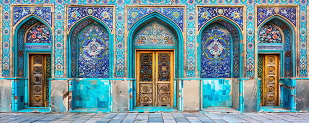 A traditional Persian mosaic wall showcasing detailed arabesques and symmetrical patterns in vibrant hues like sapphire blue, emerald green, and ruby red, capturing the essence of Persian cultural