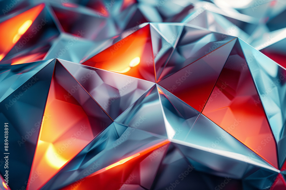Poster a futuristic design featuring metallic triangles with reflective surfaces and vibrant red highlights