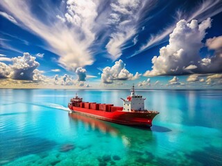 Massive red cargo vessel sails solo through calm turquoise waters beneath a vast expanse of blue sky dotted with wispy white scattered clouds.