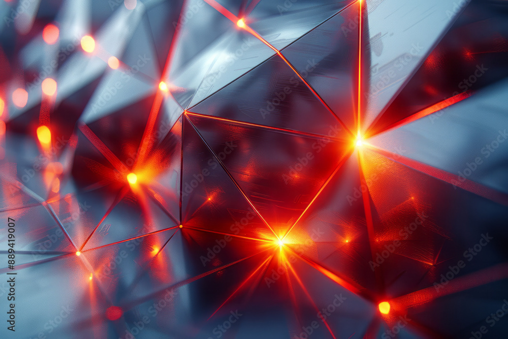 Poster a futuristic design featuring metallic triangles with reflective surfaces and vibrant red highlights
