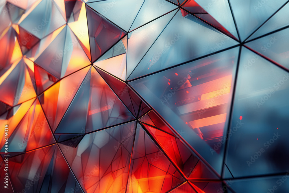 Poster a futuristic design featuring metallic triangles with reflective surfaces and vibrant red highlights
