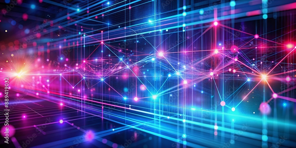 Poster vibrant abstract background features glowing pink and blue neon lines, bokeh lights, and subtle grid