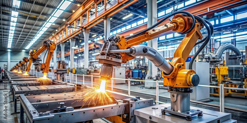 Poster a mesmerizing automated industrial robot arm moves with precision, welding and assembling parts with