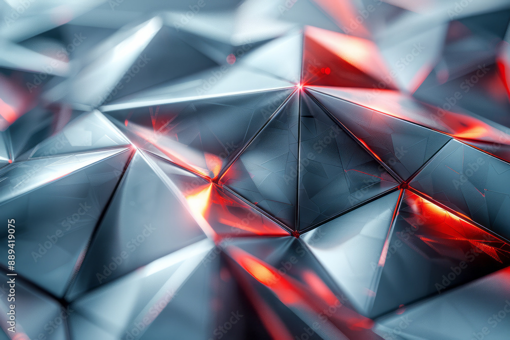 Poster a futuristic design featuring metallic triangles with reflective surfaces and vibrant red highlights