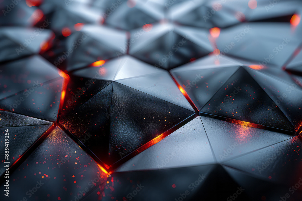 Poster an intricate geometric design with metallic reflective triangles and subtle red accents, creating a 