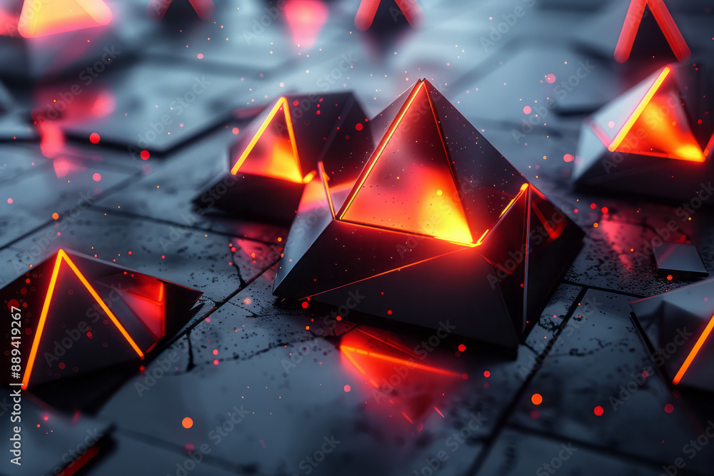 Poster reflective metallic triangles forming an abstract geometric pattern with bright red highlights, set 