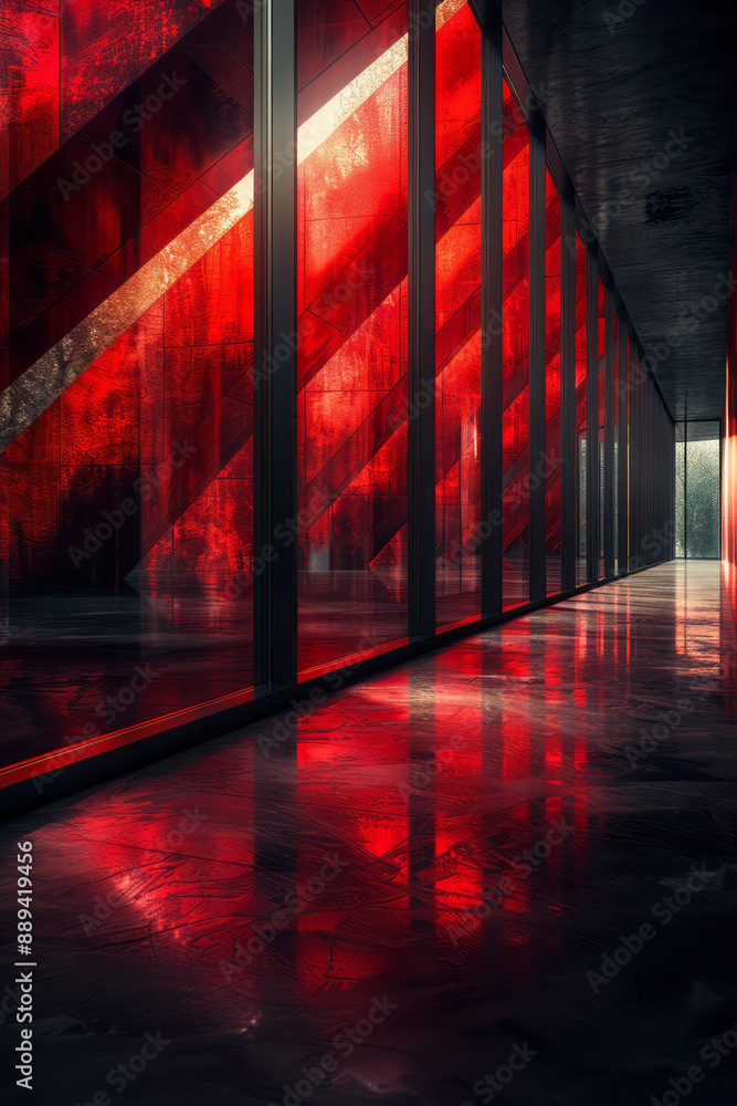 Poster a minimalist pattern of reflective triangles with metallic surfaces and bold red accents, creating a
