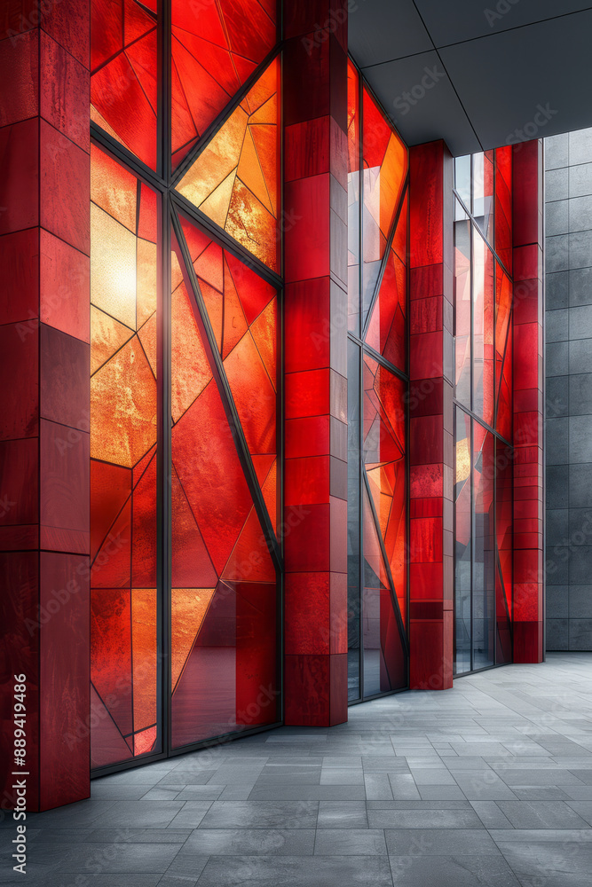 Poster a minimalist pattern of reflective triangles with metallic surfaces and bold red accents, creating a