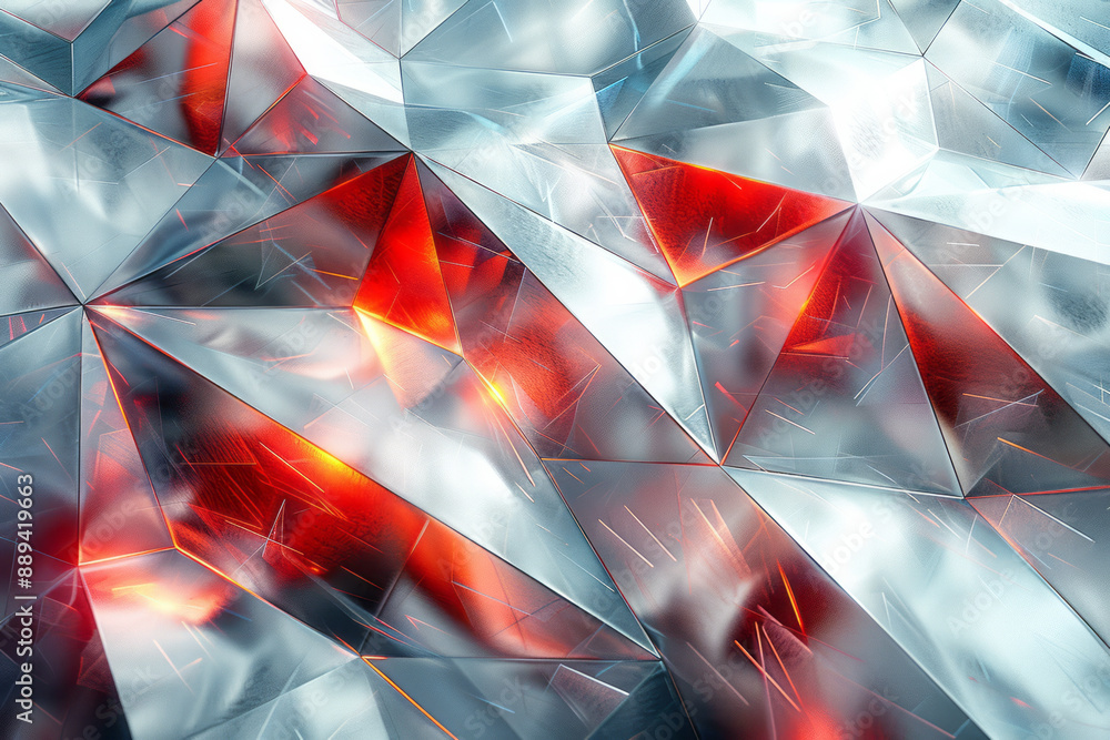 Poster abstract geometric composition with overlapping metallic triangles and vivid red highlights, set aga
