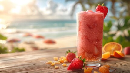 a photographic image of a tropical fruit smoothie, strawberry and orange garnish, placed on a wooden table, background of a vibrant beach scene. blurred umbrellas and ocean waves in the background, br