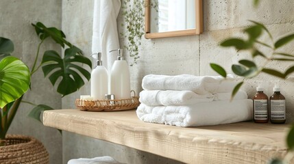 Folded White Towels on Wooden Countertop in Bathroom With Plant and Bottles