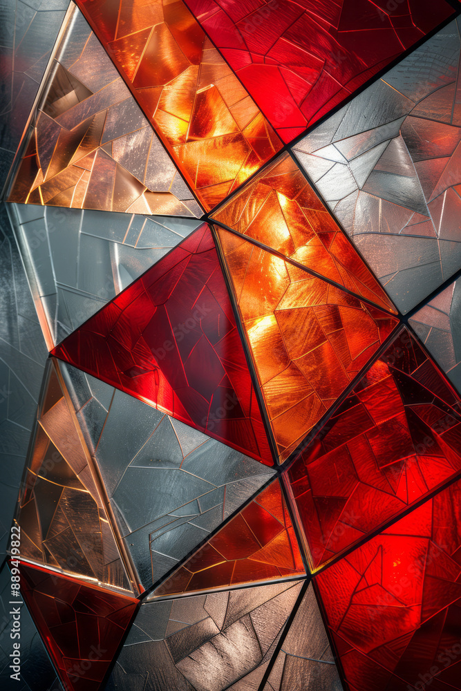Poster an abstract design of metallic triangles with reflective surfaces and subtle red accents, forming a 