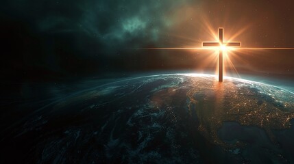 Jesus Cross over planet earth horizon with sunlight. Religion faith worship spirituality concept. Generative AI technology.