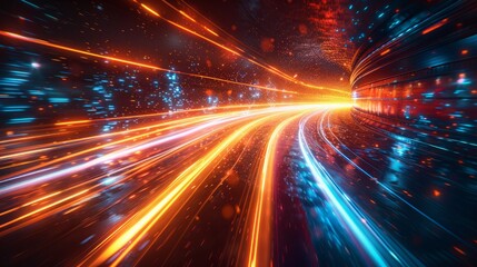 Fototapeta premium Neon Velocity: High-Resolution Digital Illustration of Intense Orange and Blue Light Streaks Against a Futuristic Cyberpunk Cityscape.