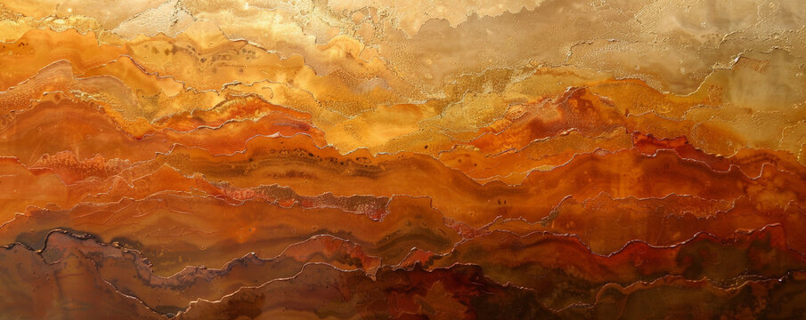 An abstract wall painting with textured layers of orange and gold, adding warmth and richness to the texture.