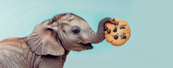 An adorable elephant calf holding a large chocolate chip cookie, set against a pastel blue backdrop. The elephant's trunk is curled around the cookie, and it looks freshly baked.