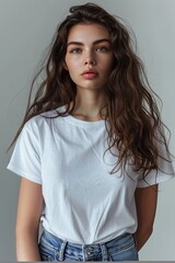 Fototapeta premium White tshirt mockup on woman model created with Generative AI