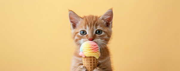 An adorable kitten holding a rainbow sherbet ice cream cone, set against a pastel yellow backdrop. The kitten's fur is soft, and the ice cream looks colorful.