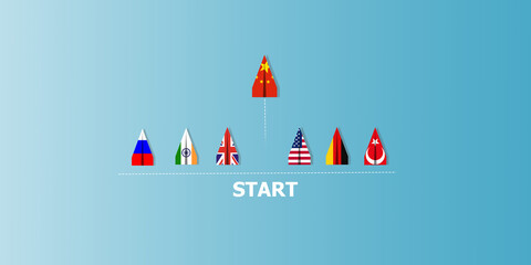 Obraz premium Flag of China and other countries Print on paper airplane flying from beginning, represents trade competition and tariff barriers, trade war between, global trade competition. International trade.