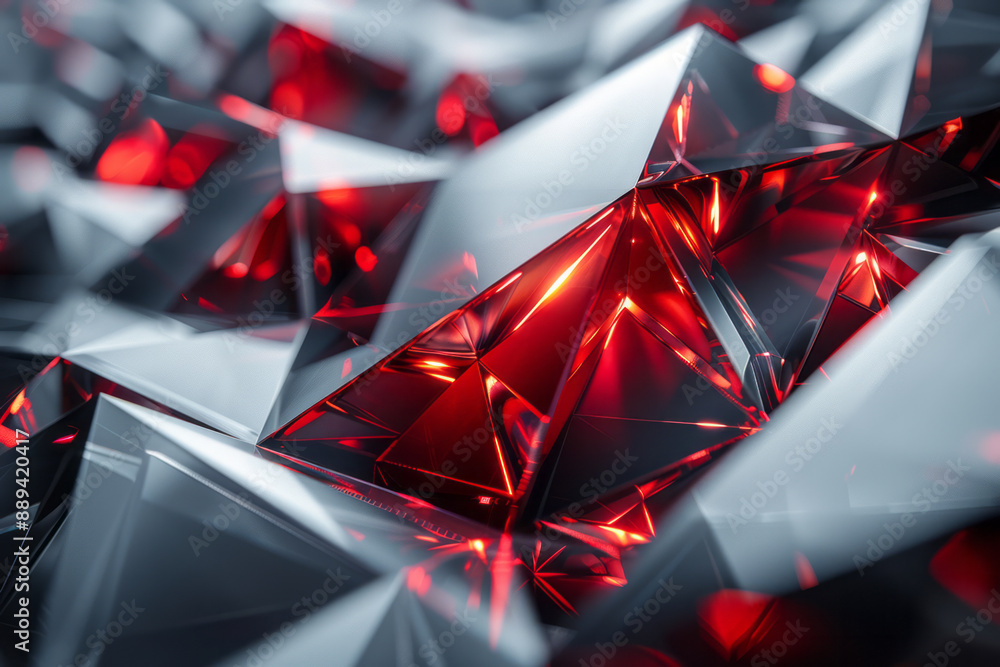 Aufkleber abstract composition of metallic triangles with reflective surfaces and intense red highlights, crea