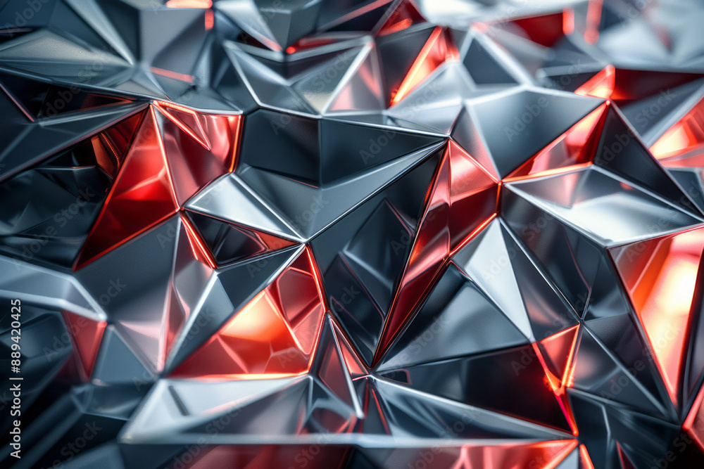 Poster abstract composition of metallic triangles with reflective surfaces and intense red highlights, crea