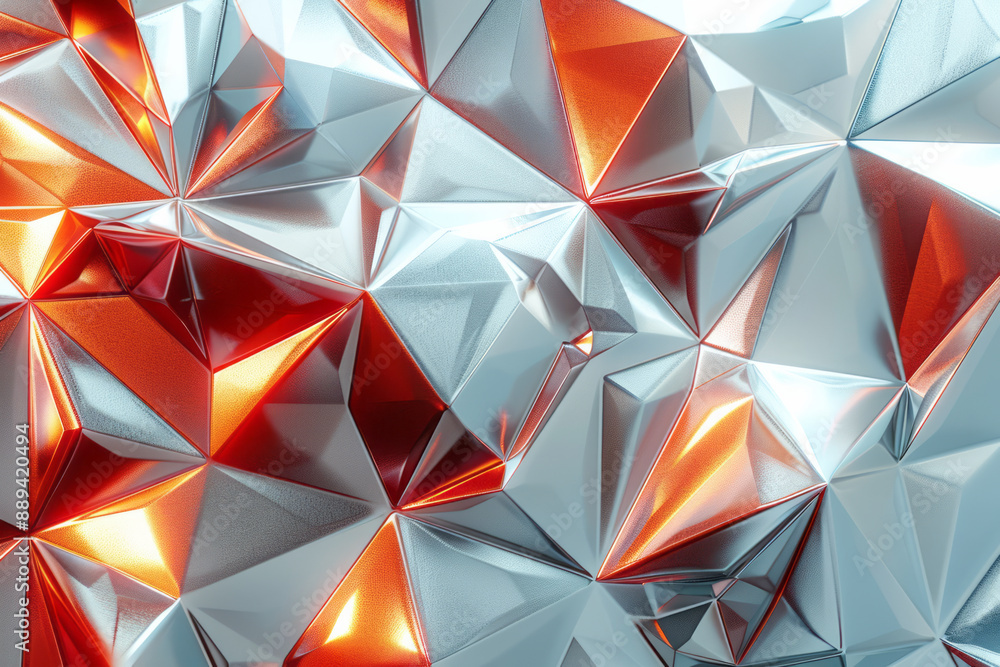 Poster minimalist geometric pattern featuring reflective metallic triangles with sharp red highlights, on a