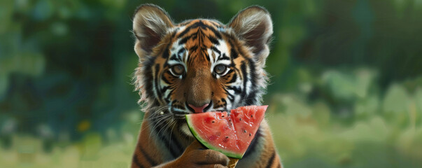 Fototapeta premium An adorable tiger cub holding a watermelon ice cream cone, set against a green backdrop. The tiger's fur is striped, and the ice cream looks refreshing.