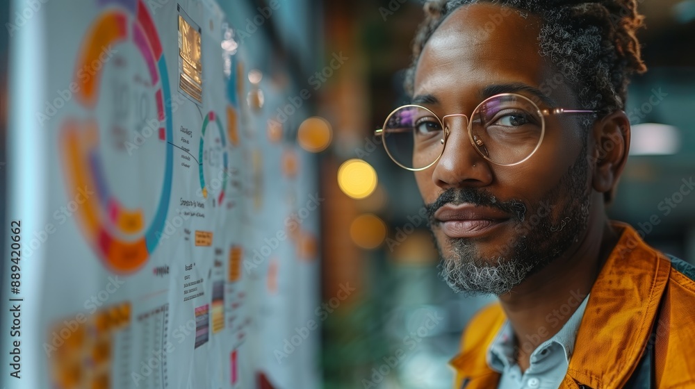 Poster man reviewing data charts on a whiteboard in an office setting