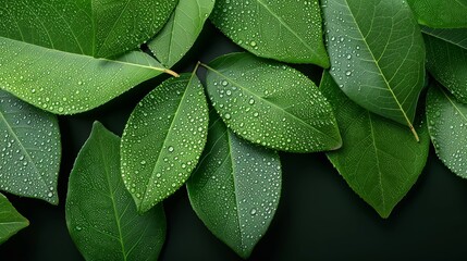 Obraz premium Green leafy pattern with fresh dew drops, suitable for eco-conscious designs and natural beauty concepts. Illustrater Image, Shiny, bright, beautiful , Minimalism,