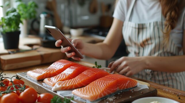 Woman photographing salmon steak with smartphone for social media sharing. Concept Food Photography, Salmon Recipe, Social Media Content, Smartphone Photography