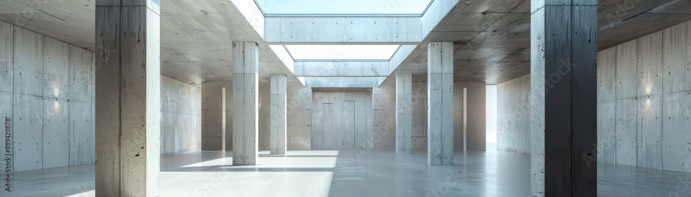 Poster a large, empty room with a lot of pillars and a large window. the room is very open and has a lot of