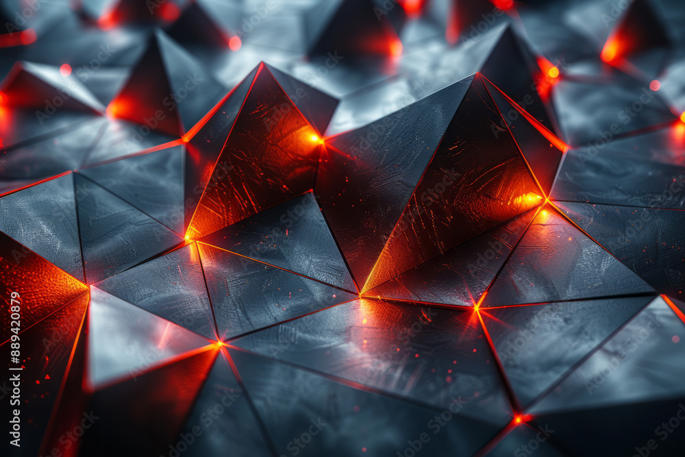 Poster reflective triangles forming an intricate geometric pattern with bright red highlights, set against 