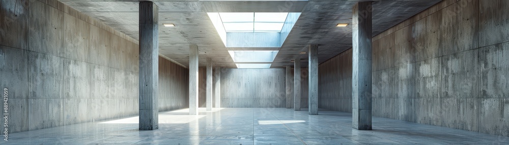 Poster a large, empty room with a lot of pillars and a large window. the room is very open and has a lot of