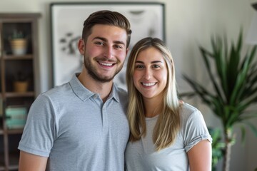 Fototapeta premium Portrait of a grinning caucasian couple in their 20s wearing a breathable golf polo over stylized simple home office background