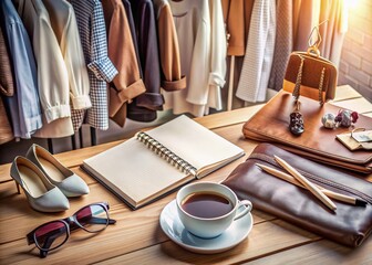 Elegant clothing and accessories scattered on a dressing room table, with a personalized notebook and coffee cup, waiting for a styling consultation to begin.