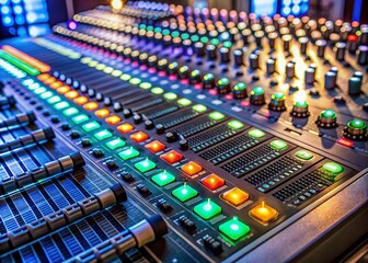 Close-up of a modern digital audio mixer with sliders and knobs, key control panel, and LED lights, in a professional recording studio setting, ready for music mixing.