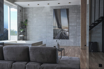 stylish minimalistic restrained modern interior of the apartment, a spacious room with a swimming pool, large panoramic windows overlooking the mountains. without people in the daytime