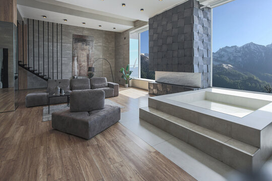 stylish minimalistic restrained modern interior of the apartment, a spacious room with a swimming pool, large panoramic windows overlooking the mountains. without people in the daytime