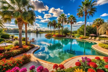 Serenene landscape of a tranquil lakeside resort in Orlando, featuring a sunny pool surrounded by lush greenery and vibrant tropical flowers.