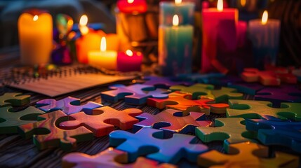 Charity award trophy shaped like interlocking puzzle pieces, surrounded by glowing candles and colorful certificates
