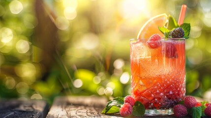 Fototapeta premium Refreshing summer cocktail with citrus and berry garnish on blurred natural background, with copy space