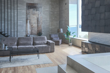 stylish minimalistic restrained modern interior of the apartment, a spacious room with a swimming pool, large panoramic windows overlooking the mountains. without people in the daytime